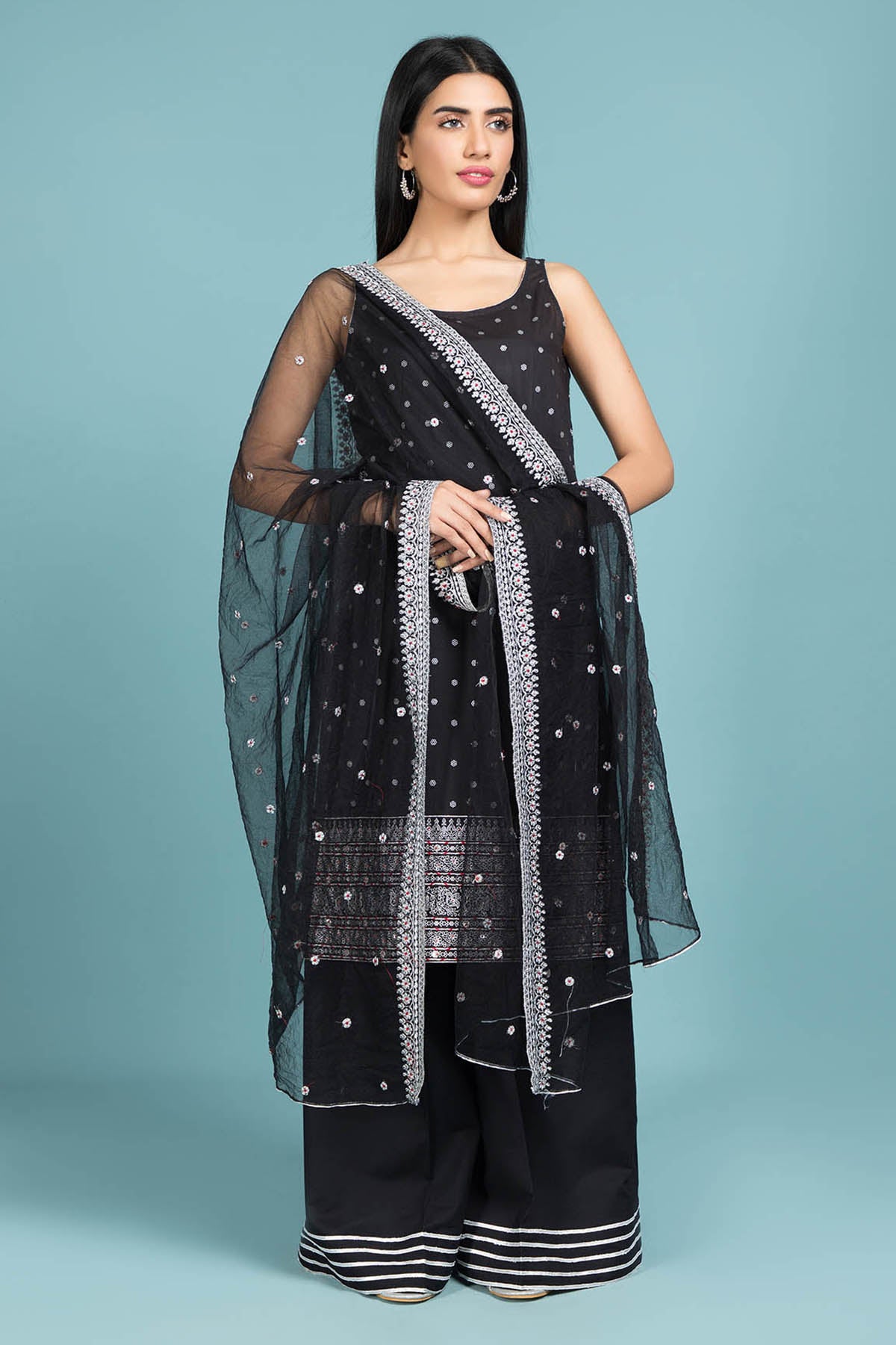 Printed & Embellished 3 Pcs Suit With Dyed & Embroidered Poly net Dupatta