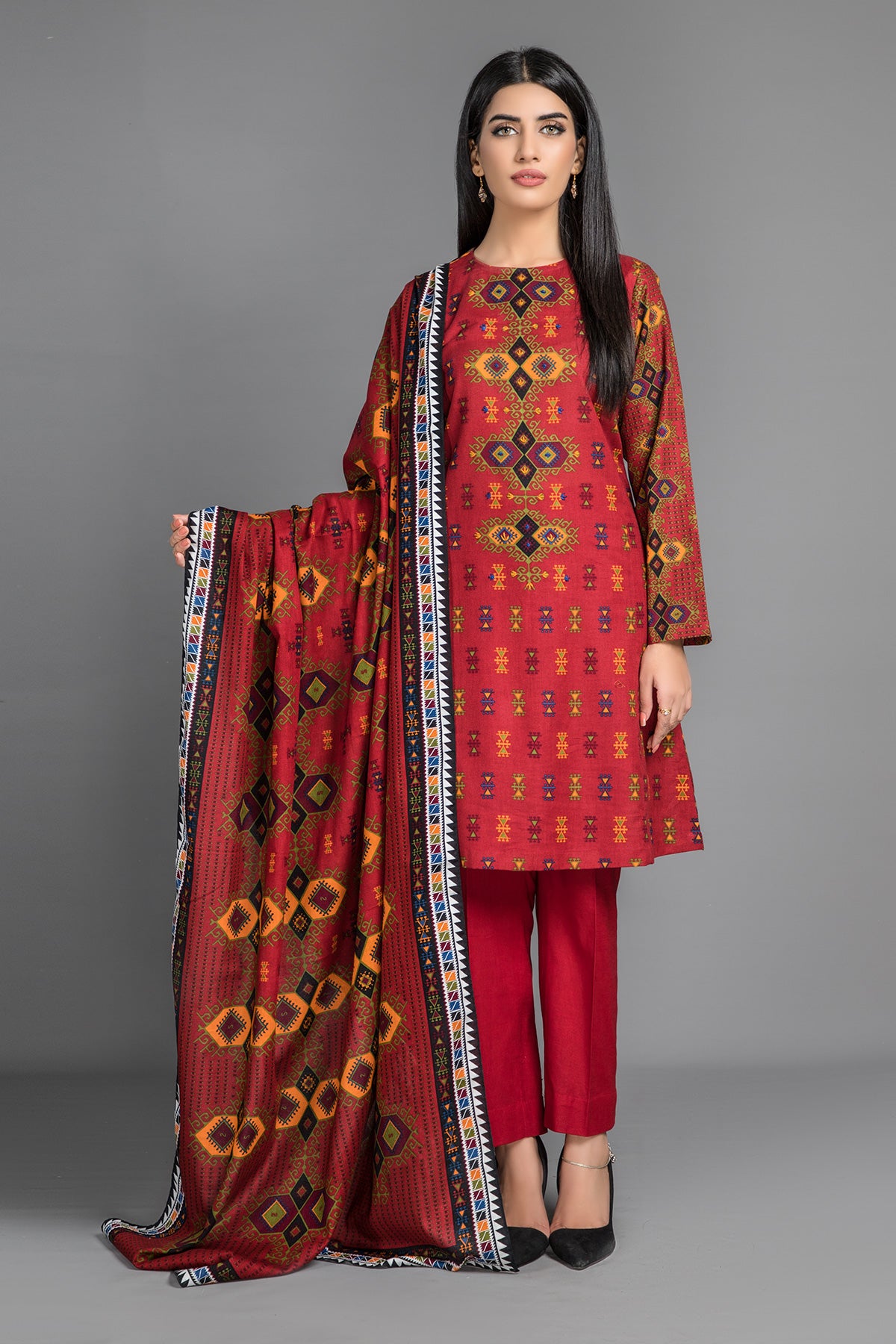 Printed Embellished Khaddar 3PC Dress