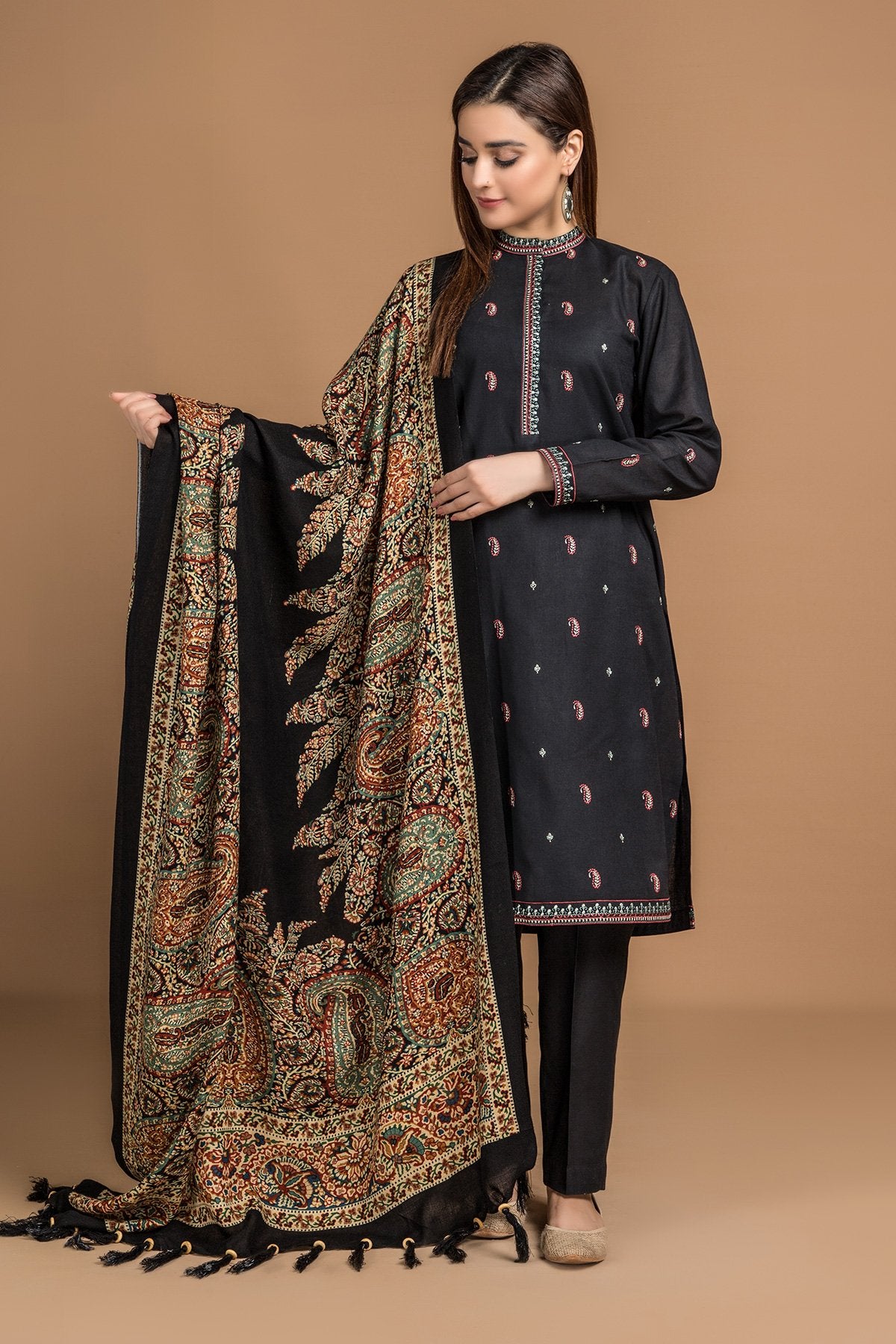 Dyed, Printed & Embroidered 3Pcs Suit with Wool Shawl