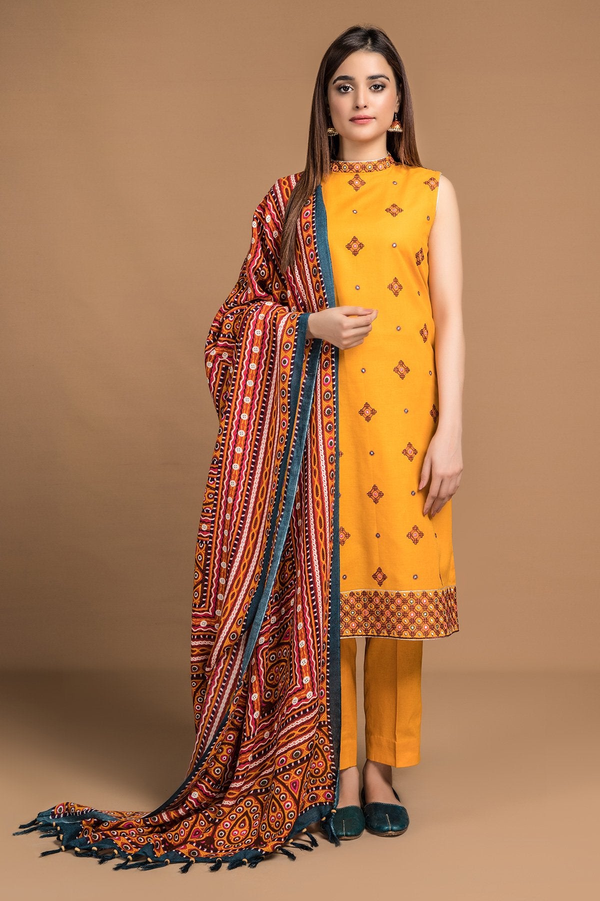 Dyed & Embroidered 3 Pcs Suit with wool shawl