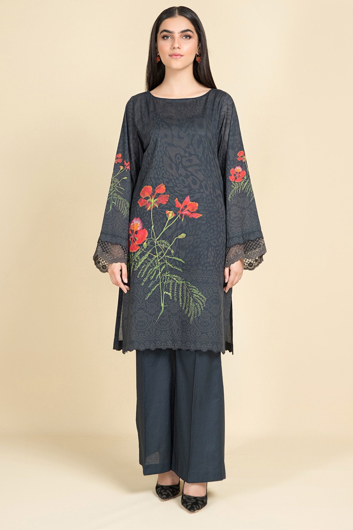 Digital Printed Shirt With Dyed & Embroidered Poly net Lace